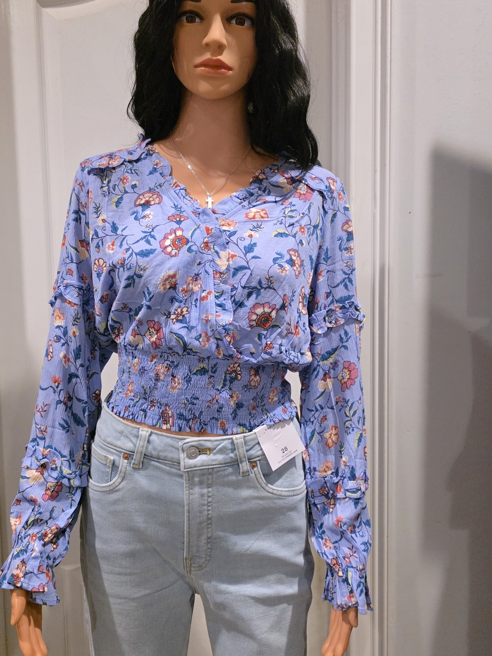 easel Lavender Floral Smocked Waist V-Neck Blouse